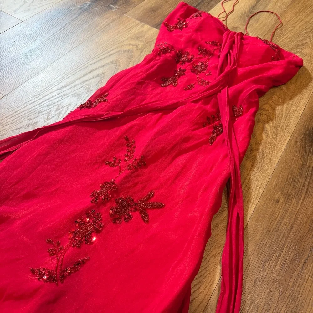 Vintage Y2K 100% Silk Beaded Dress Vintage Beaded Dress Red Fairy Prom Silk Gown - Picture 11 of 16
